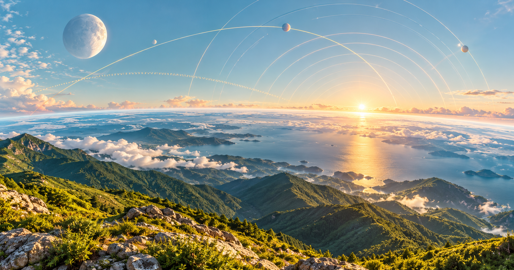 Sunlit mountain landscape beneath delicate orbital and wave arcs